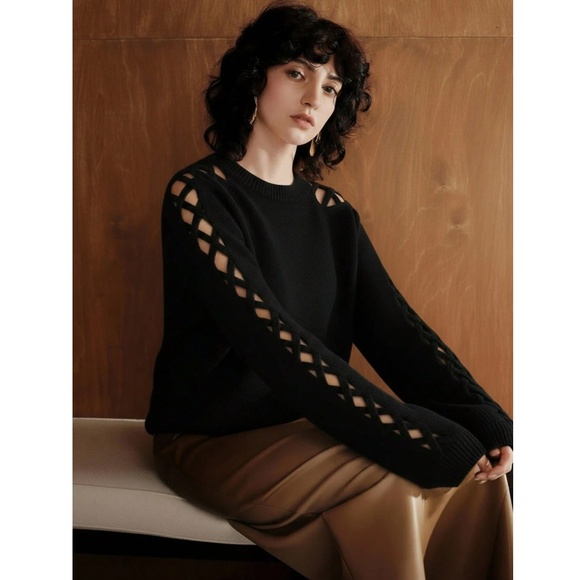 Black Knit Criss Cross Straps Cut Out Sleeve Sweater Pullover - Picture 8 of 11